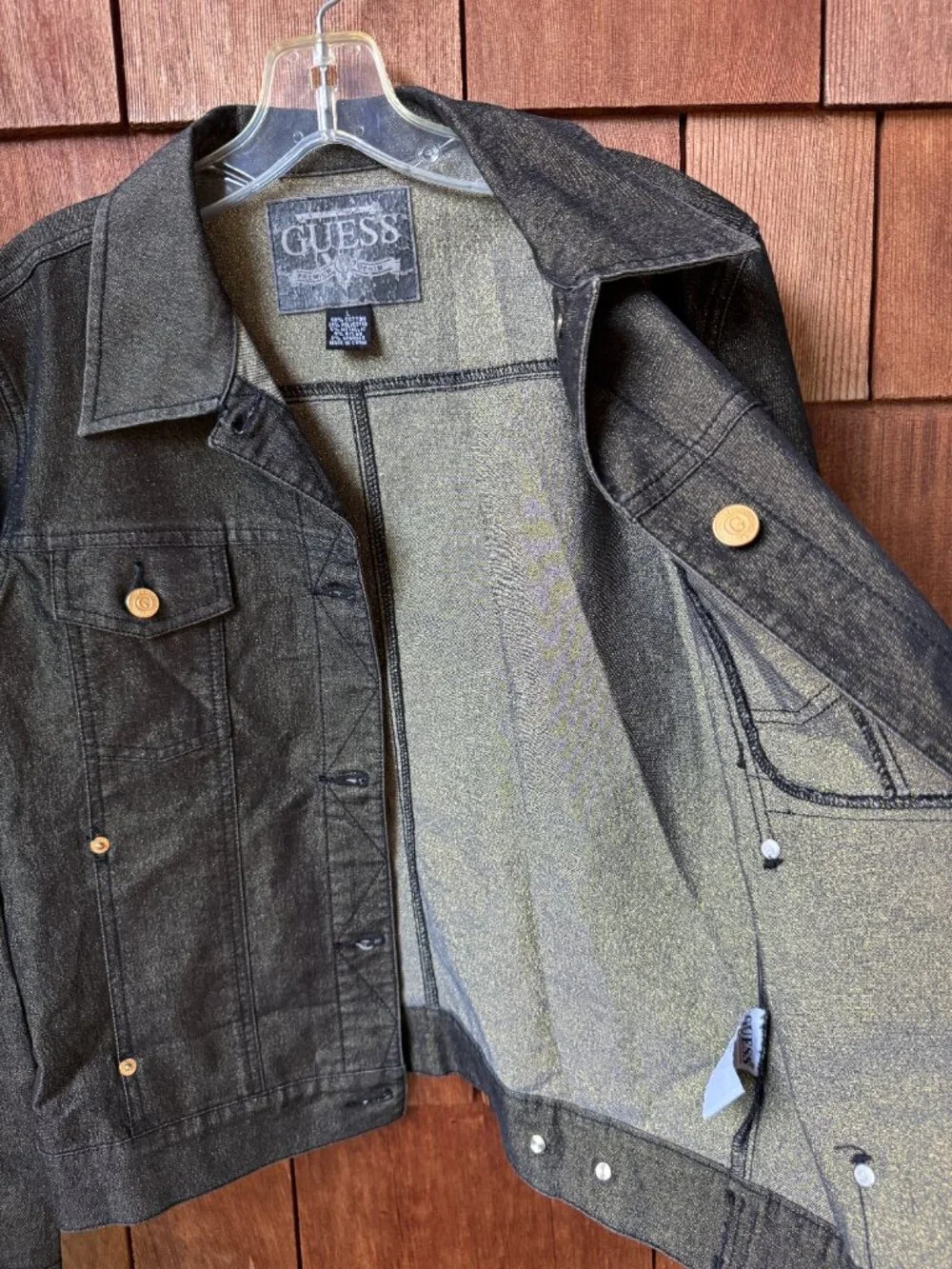 Vintage GUESS Metallic Gold Thread Black Denim Trucker Jacket in Women's Large